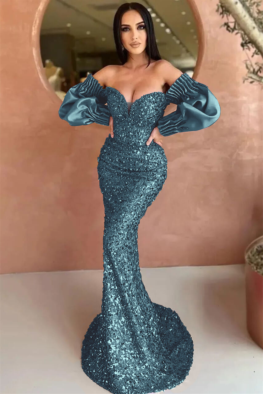 Off-The-Shoulder Sweetheart Long Sleeves Evening Dress With Sequins Mermaid