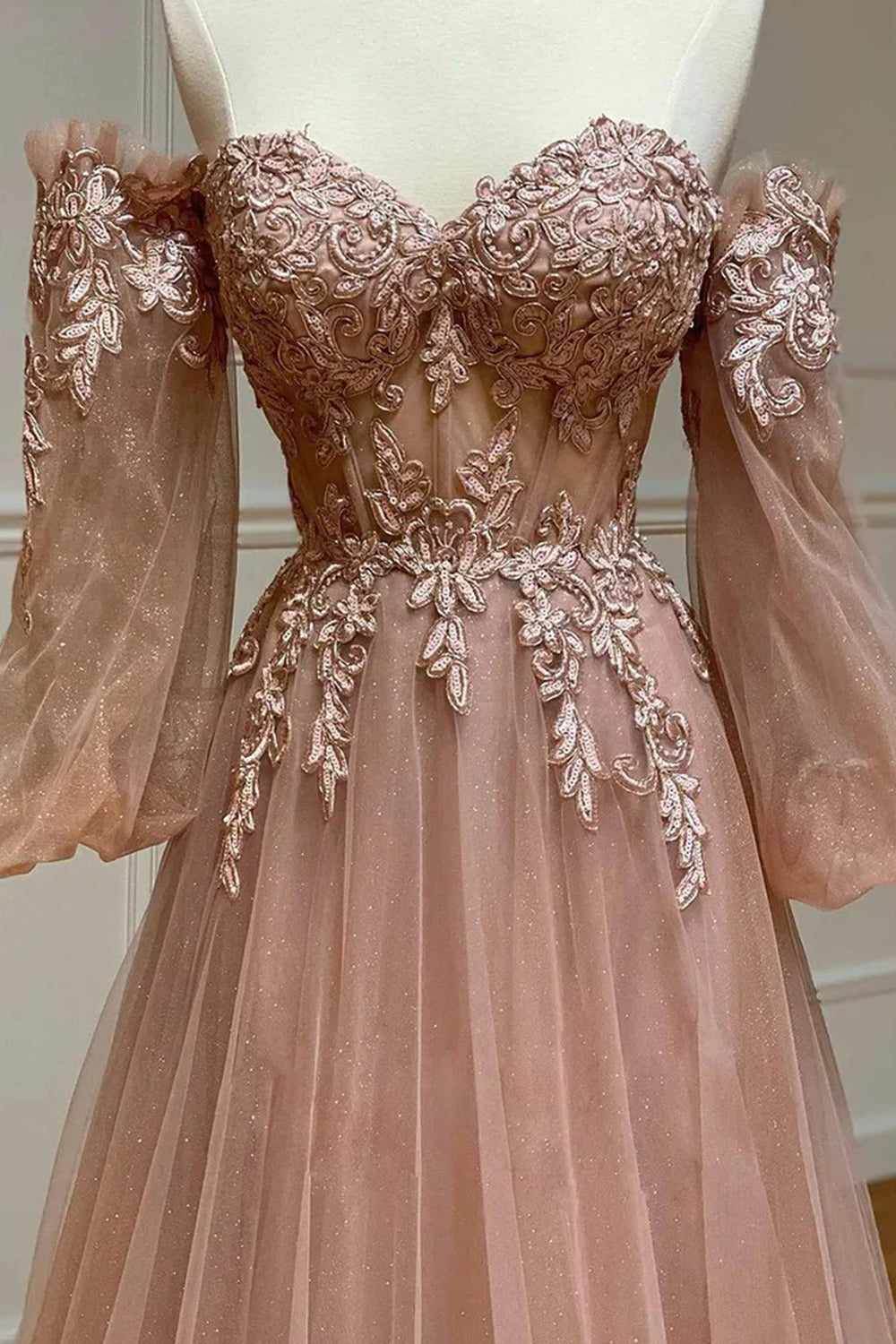 Blush Long Prom Dress with Appliques in an Off-the-Shoulder A-Line Design