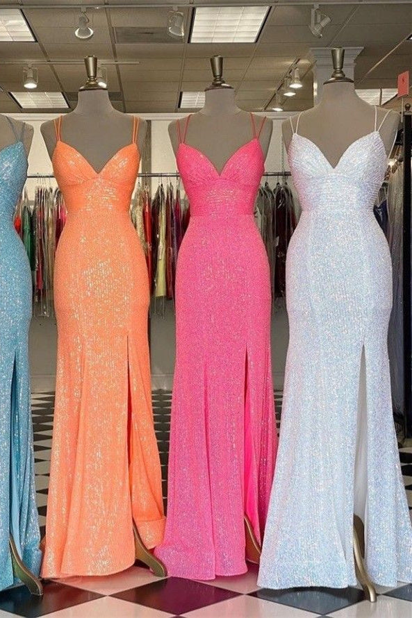 Orange Sequins Long Prom Dress with Mermaid Spaghetti Straps and Front Split