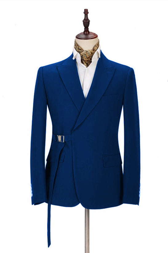 Fashion Royal Blue Buckle Button Tuxedo Suit for Wedding with Peak Lapel