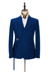 Fashion Royal Blue Buckle Button Tuxedo Suit for Wedding with Peak Lapel