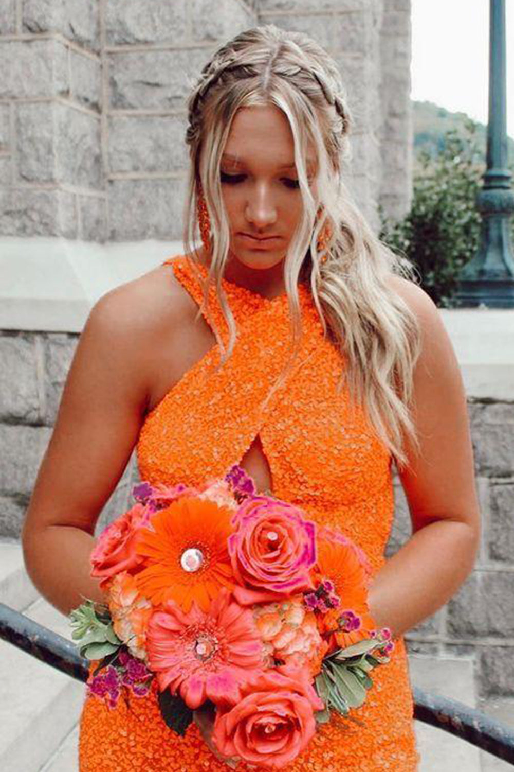 Glitter Orange Halter Backless Sequins Tight Homecoming Dress/Mini Dress