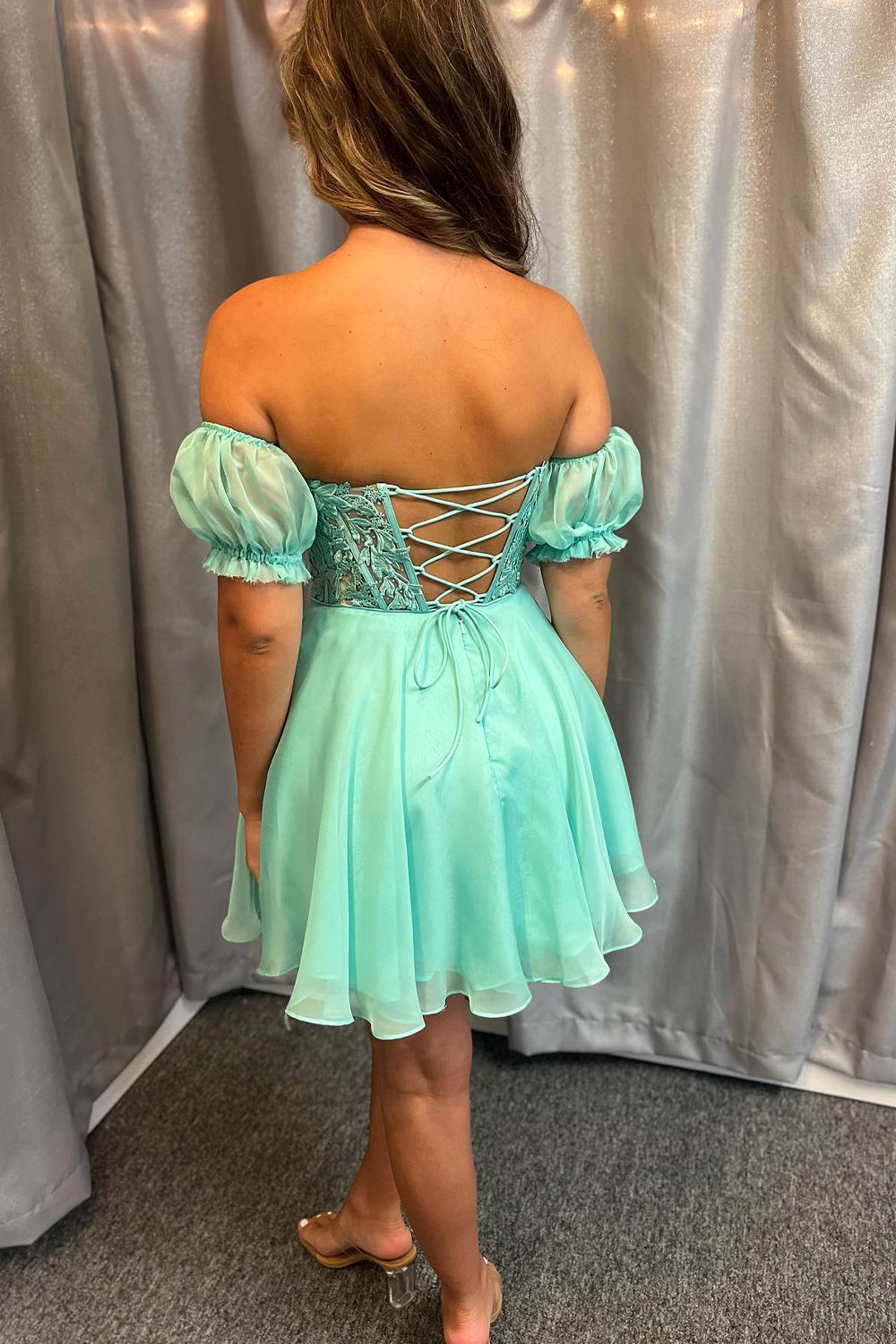 Sparkly Fuchsia Lace-Up Back A-Line Short Homecoming Dress/Mini Dress with Lace