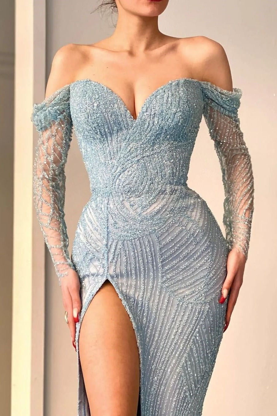 Blue Long Sleeves Off-The-Shoulder Sequins Evening Dress Sweetheart With Split Mermaid