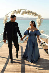 Off-The-Shoulder Dusty Blue Puff Sleeves Evening Dress With Front Split Sweetheart