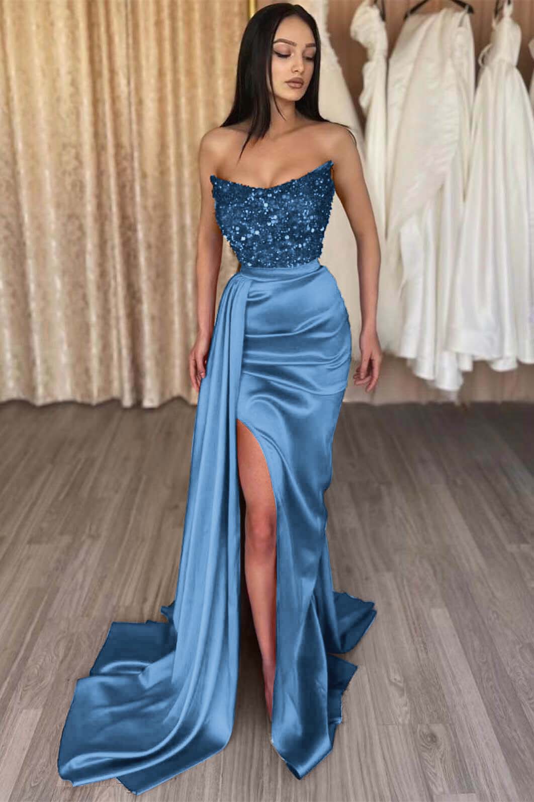Red Strapless Elegant Sleeveless Long Sequins Formal Dress Mermaid Side Split