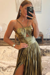 Golden Sparkle A-Line Halter Gown with Keyhole Slit for Prom