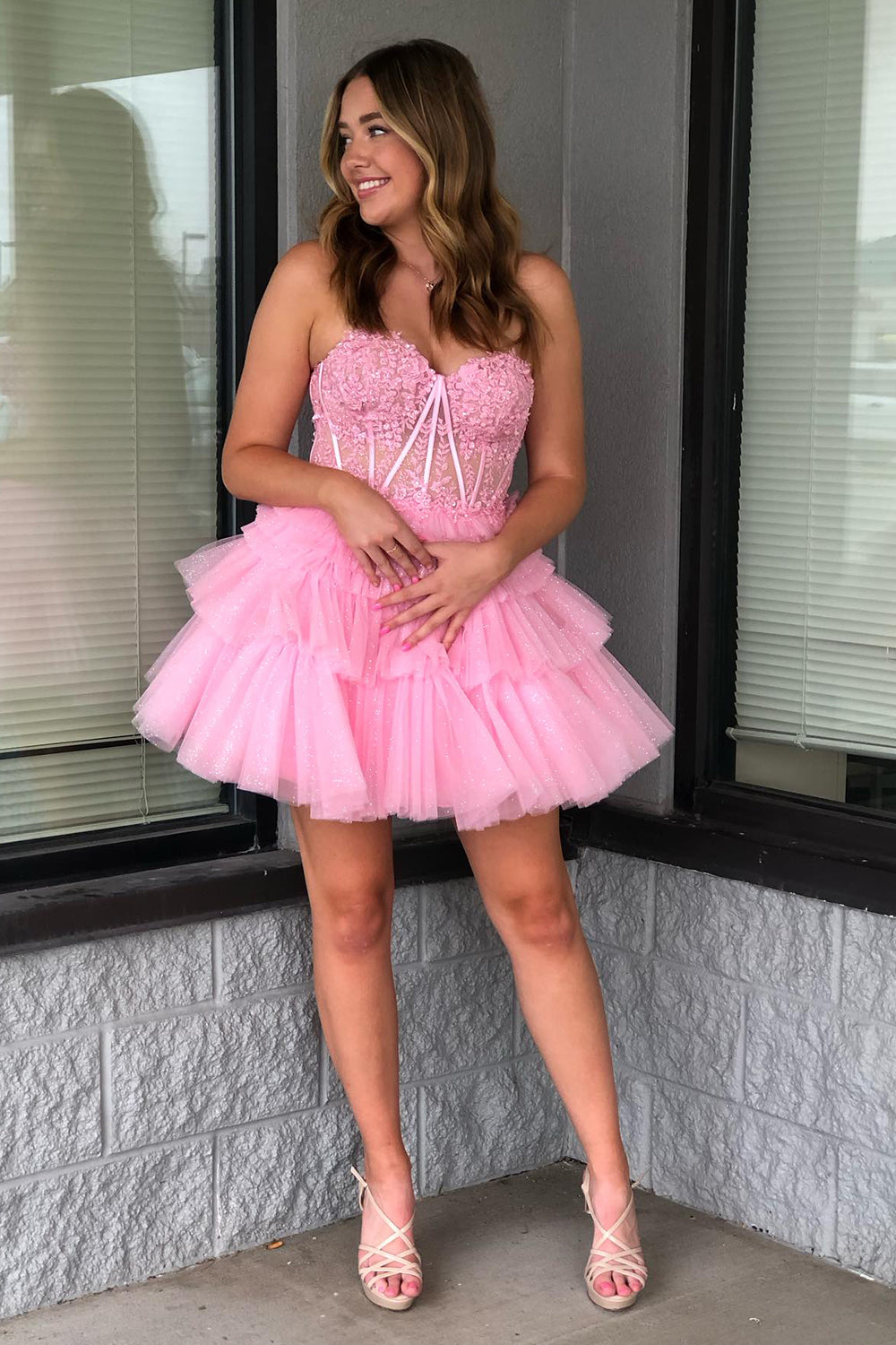 Glitter Lavender Corset Tiered Short A-Line Tulle Homecoming Dress/Mini Dress with Lace