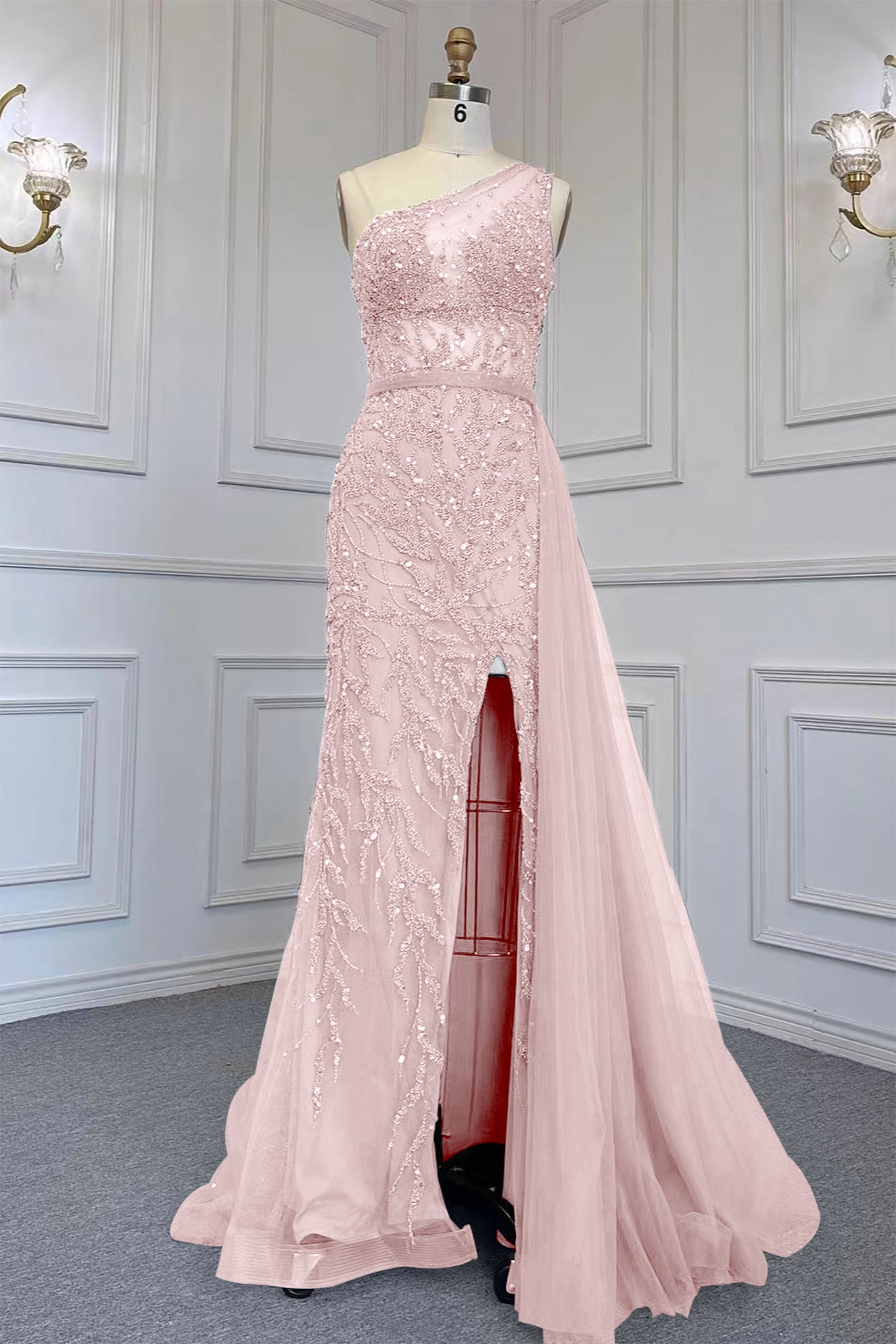 Elegant Beadings One Shoulder Tulle Evening Dress With Slit Rhinestone
