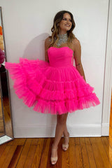 Fuchsia A-Line Sweetheart Tulle Tiered Corset Short Homecoming Dress/Mini Dress