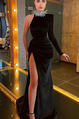 Black High Neck One Shoulder Slit Beadings Evening Dress Mermaid With Long Sleeve