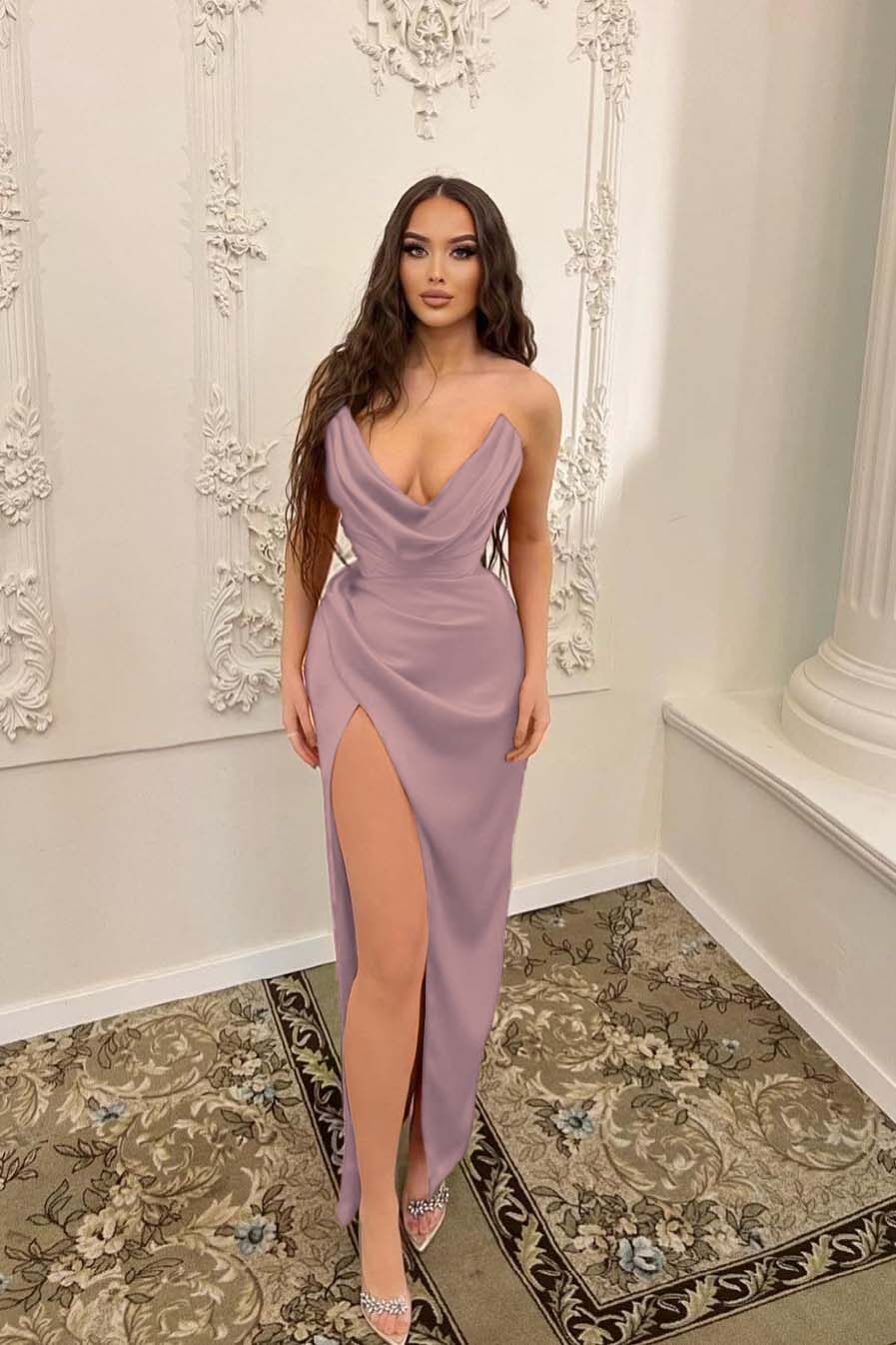 Sleeveless Strapless Long Mermaid Split Formal Dress With Pleated
