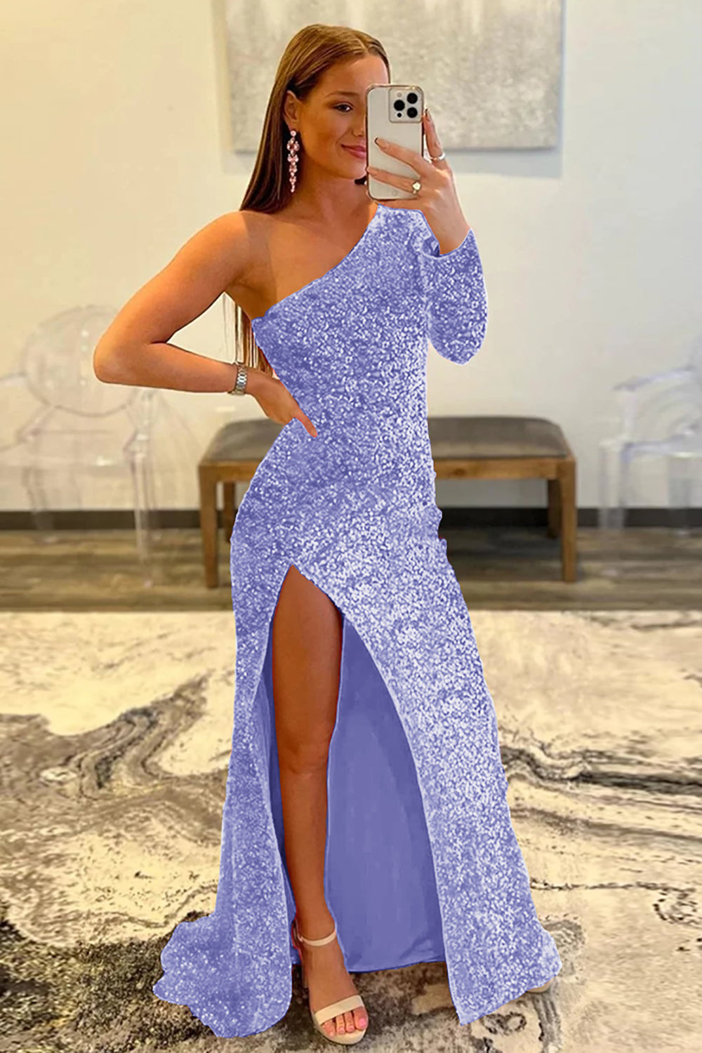 Sequined Prom Dress with One Shoulder in Pink
