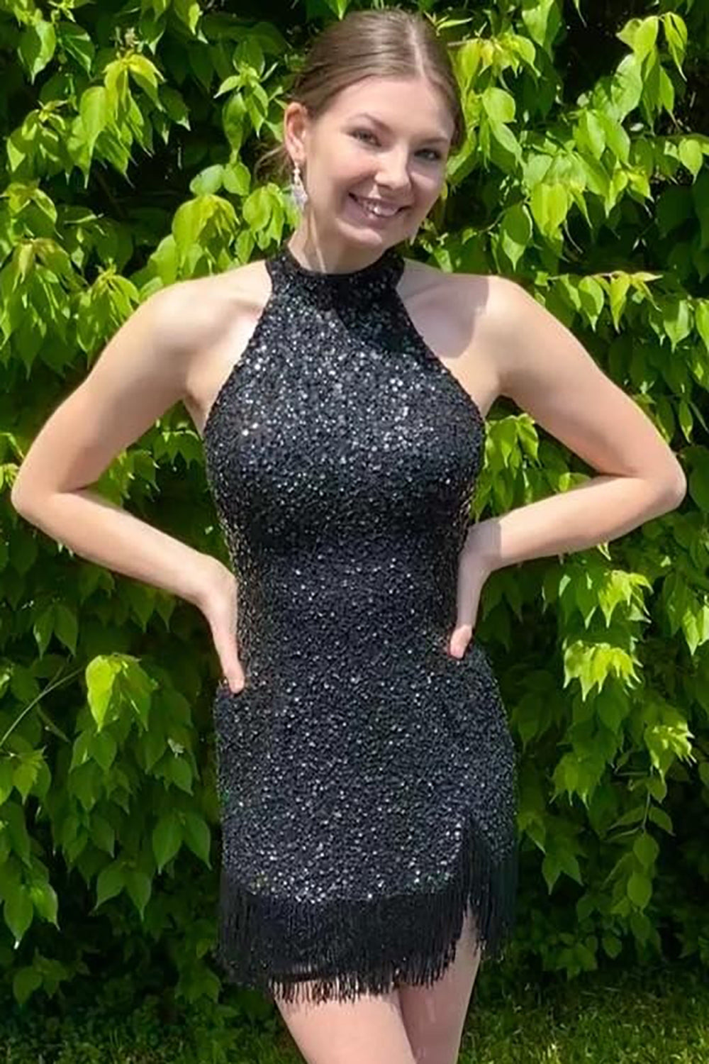 Black Halter Sequins Tight Homecoming Dress/Mini Dress