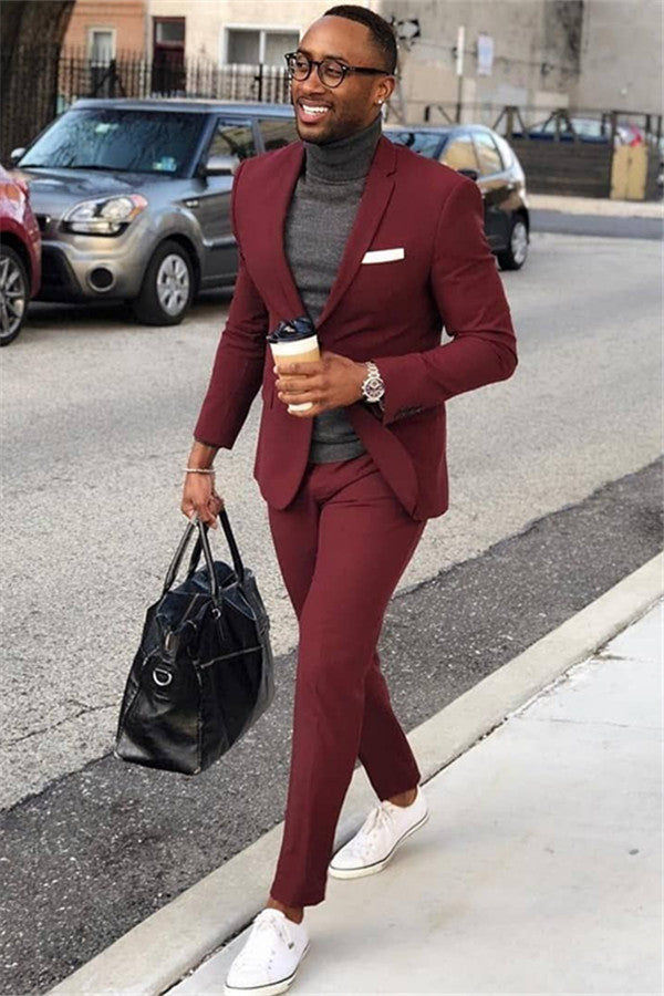 Elegant Burgundy Formal Party Prom Suit for Guys with One Button