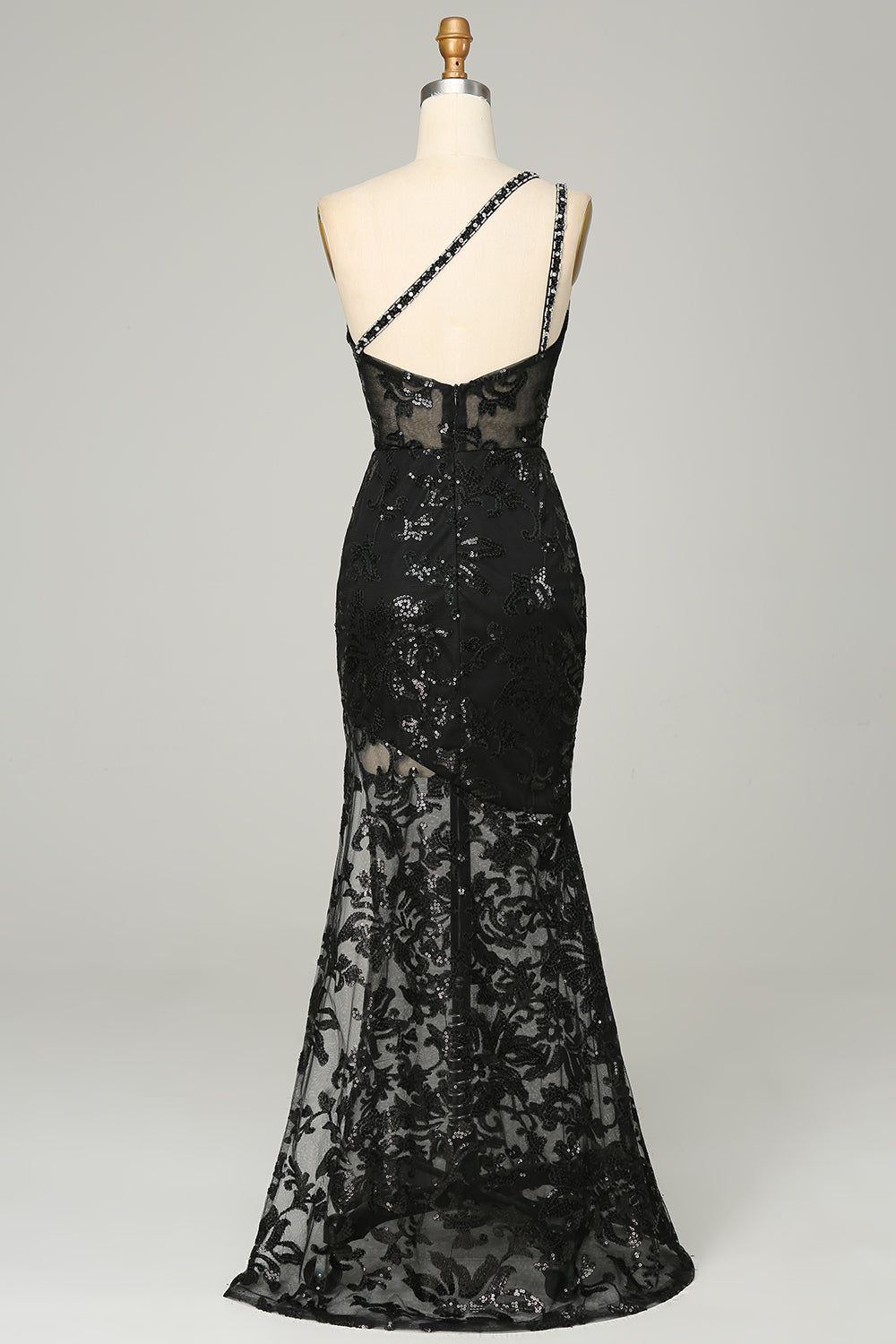 Black Sequined Long Prom Dress with One Shoulder Sheath and Front Split