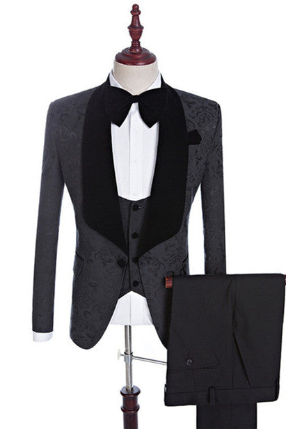 Xander Black Jacquard Shawl Lapel Three-Piece Wedding Suits for Men