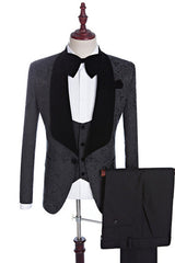Xander Black Jacquard Shawl Lapel Three-Piece Wedding Suits for Men