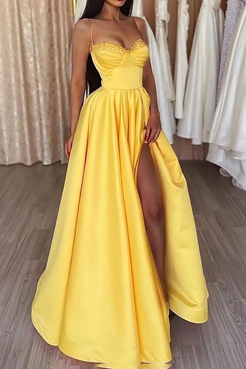 Yellow Long Prom Dress with Spaghetti Straps and Front Split in A-Line Style