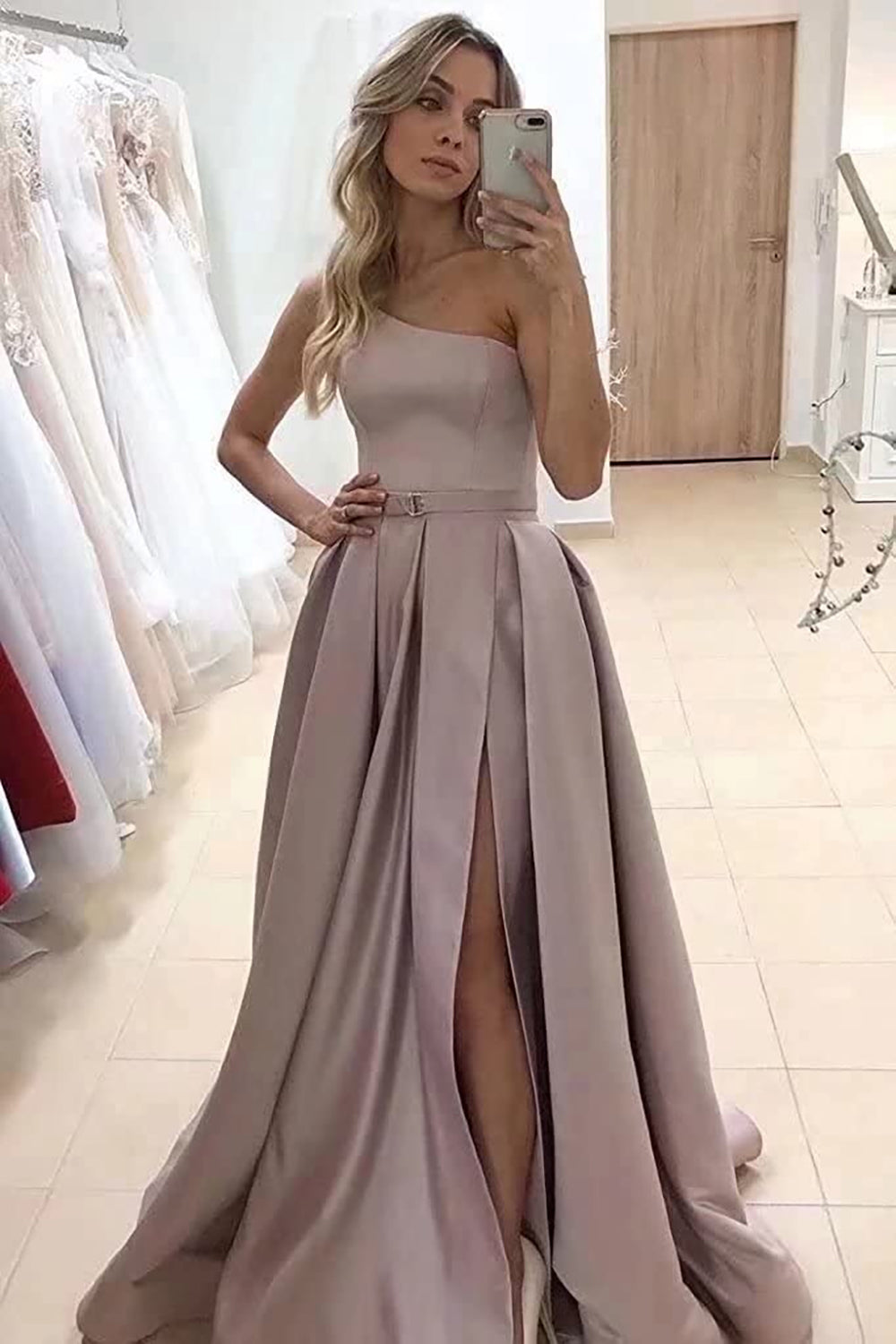 Champagne One Shoulder A-Line Long Prom Dress with Slit