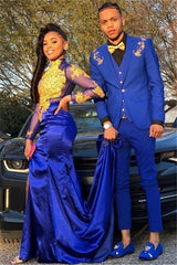 Royal Blue Three-Piece Casual Suit for Groom with Appliques