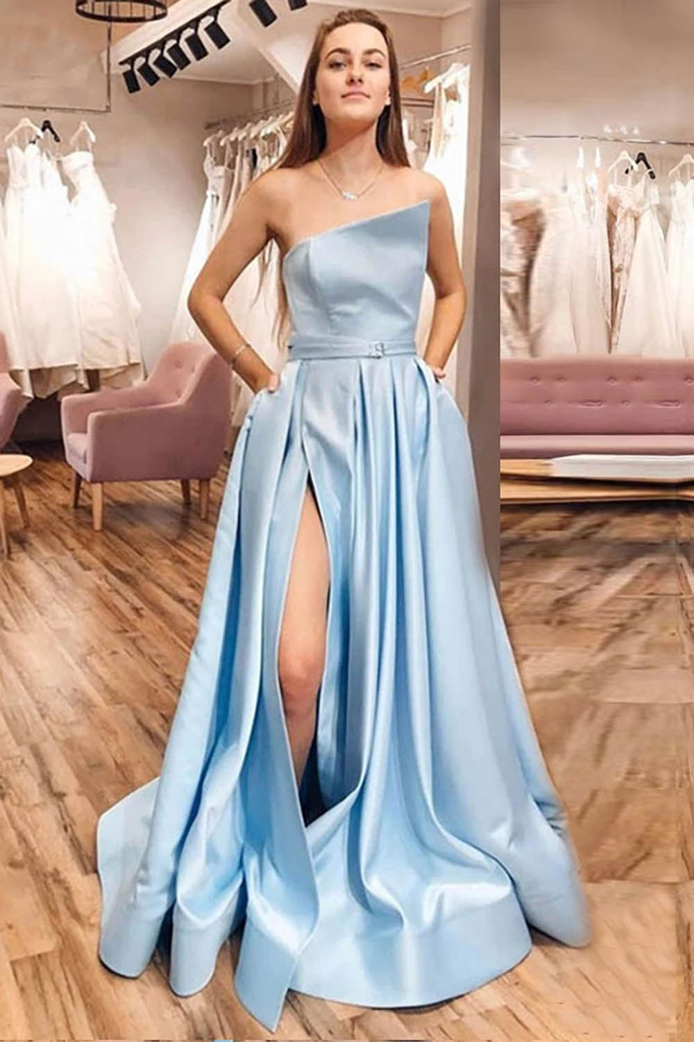 Long Blue Strapless Prom Dress with a Slit in A-Line Style