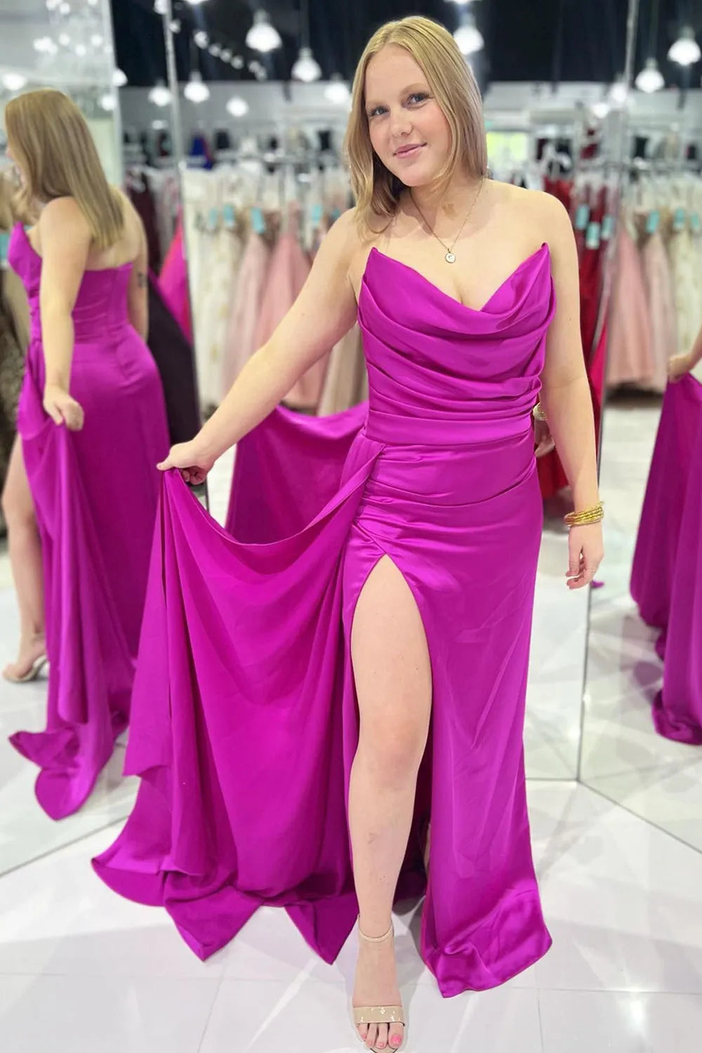Long Strapless Mermaid Prom Dress in Peacock Green Satin with Slit