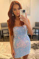 Sheath Sweetheart Light Blue Sequins Short Homecoming Dress/Mini Dress