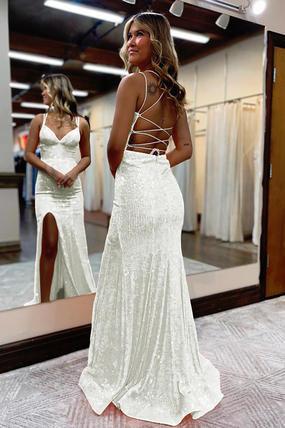 Orange Sequins Long Prom Dress with Mermaid Spaghetti Straps and Front Split