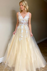 A-Line Prom Dress with Appliques in a V-Neck Style