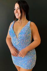 Sparkly Grape Sequins Tight Short Homecoming Dress/Mini Dress with Open Back