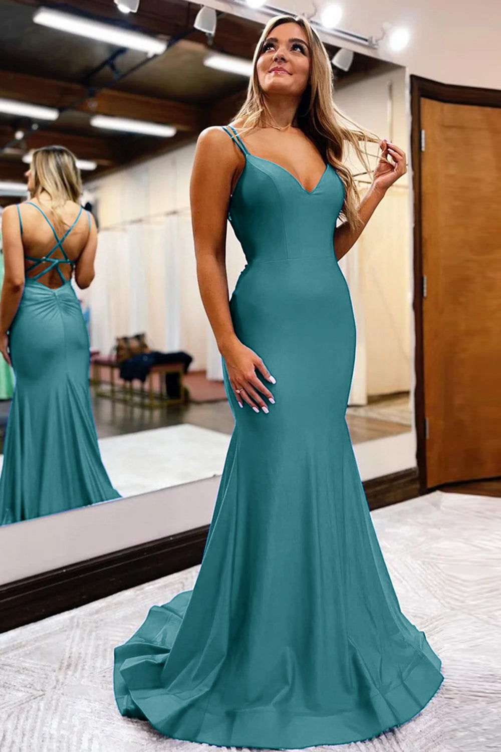 Simple Mermaid Prom Dress with Royal Blue Spaghetti Straps
