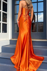 Orange Strapless Mermaid Corset Prom Dress Featuring a Front Split