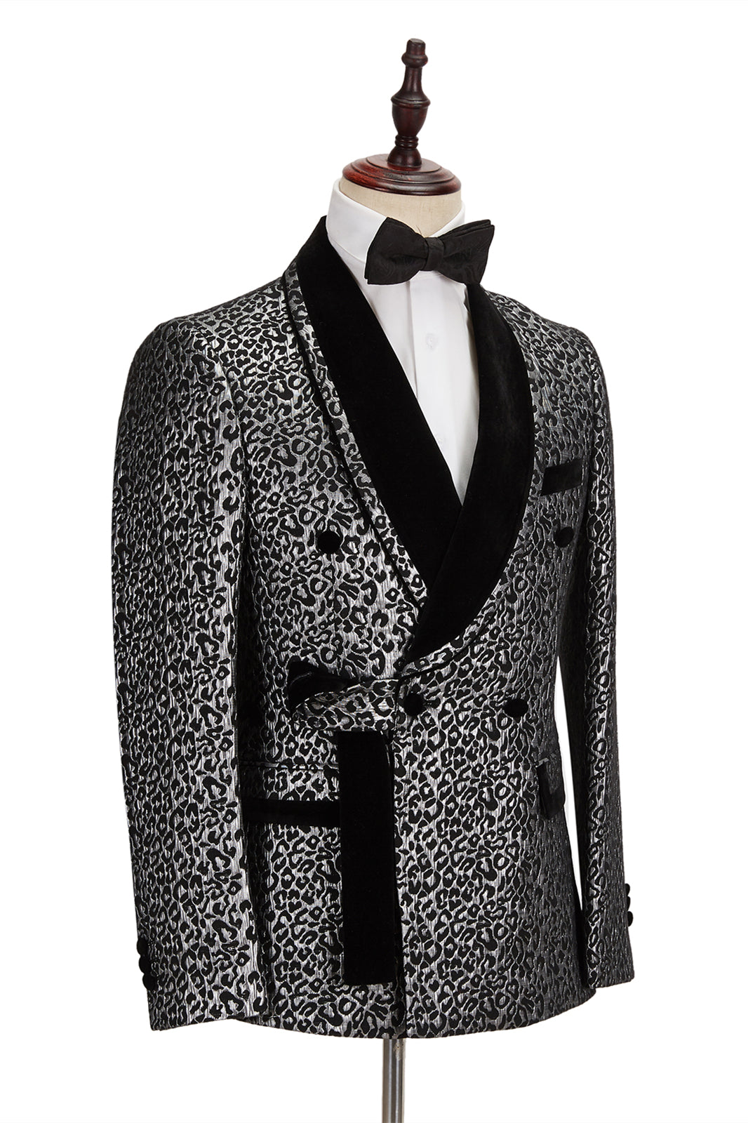 Black Stitching Silver Leopard Jacquard Men's Suit Shawl Lapel Double-Breasted Wedding Suit for Formal with Shirt