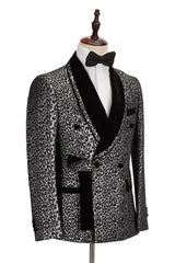 Newest Silver Leopard Double-Breasted Black Stitching Prom Outfits Men with Jacquard Shawl Lapel