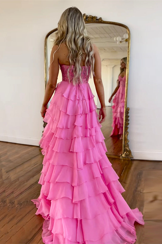 Light Blue Long Tiered Chiffon Prom Dress with Appliques in a Sweetheart A-Line