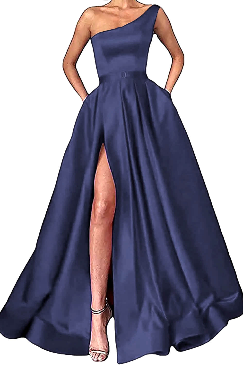 Champagne One Shoulder A-Line Long Prom Dress with Slit