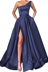 Champagne One Shoulder A-Line Long Prom Dress with Slit