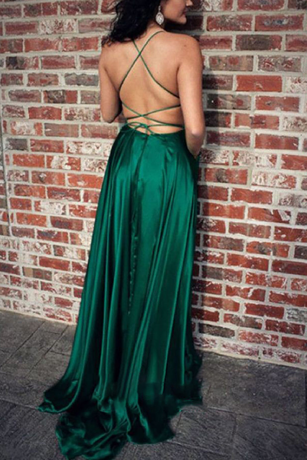 Simple Backless Prom Dress in Green Satin with A-line Cut