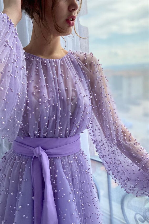 Lilac Mermaid Beadings Jewel Evening Dress With Belt Pearls