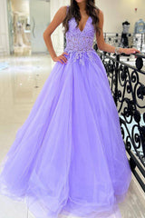 Elegant Purple V-Neck A-Line Long Prom Dress Featuring Appliques