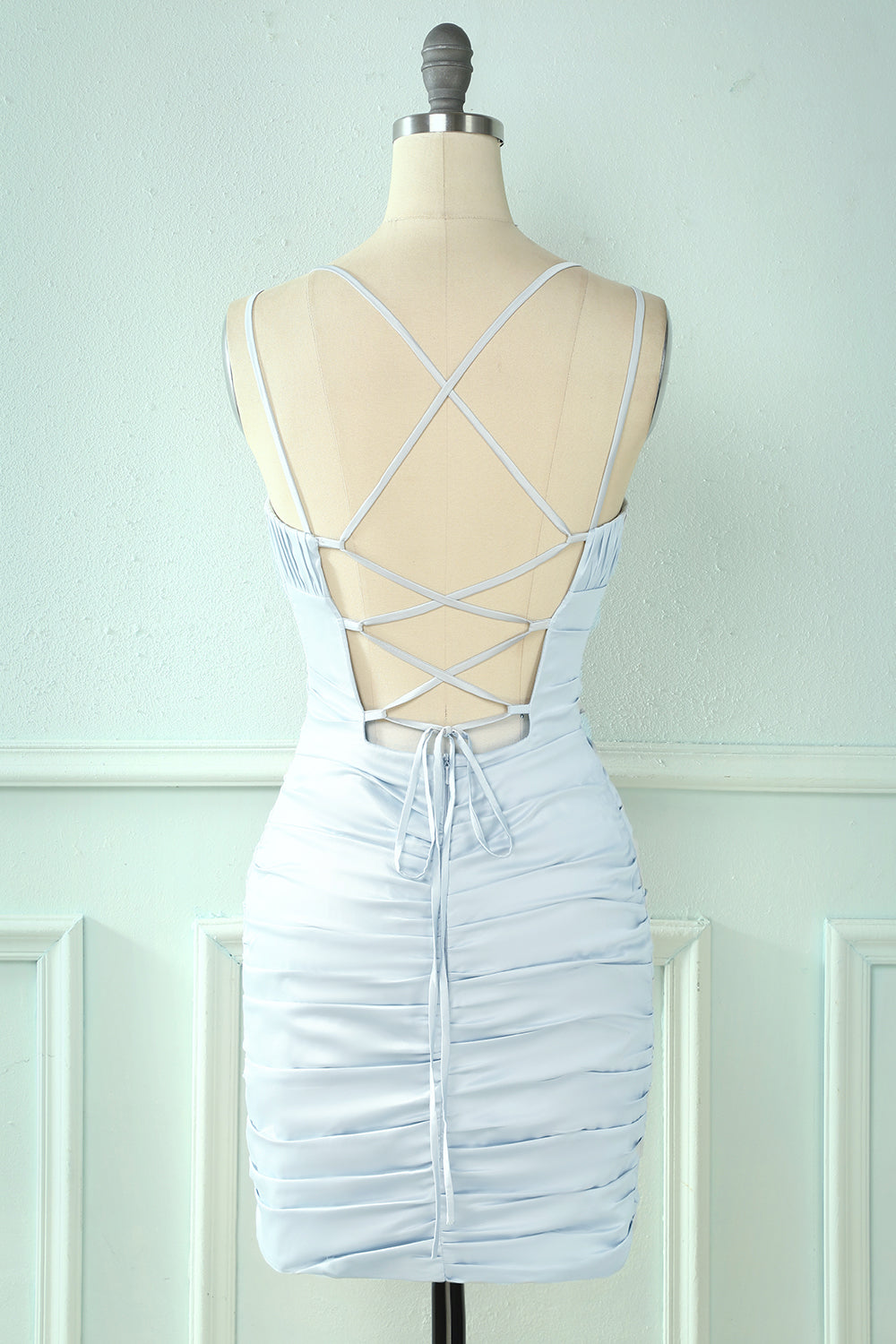 Baby Blue Tight Lace-Up Back Ruched Homecoming Dress/Mini Dress