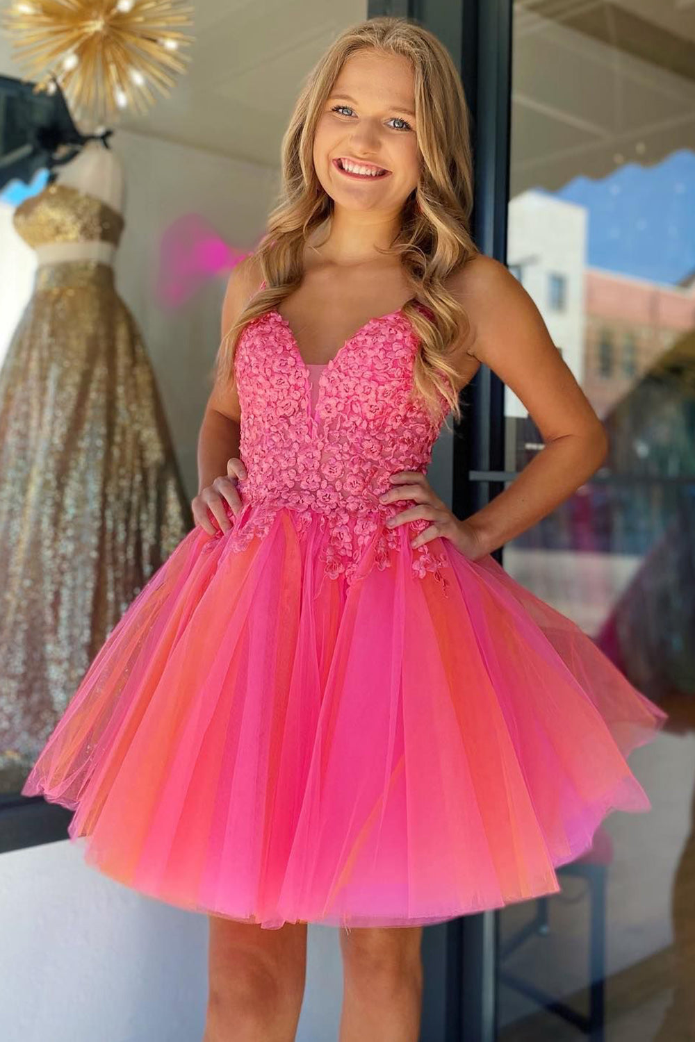 Hot Pink A-Line Tulle Short Homecoming Dress/Mini Dress with Lace