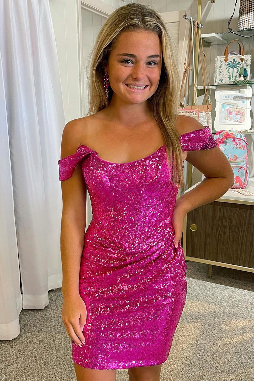 Sparkly Hot Pink Detachable Off the Shoulder Sequins Tight Homecoming Dress/Mini Dress