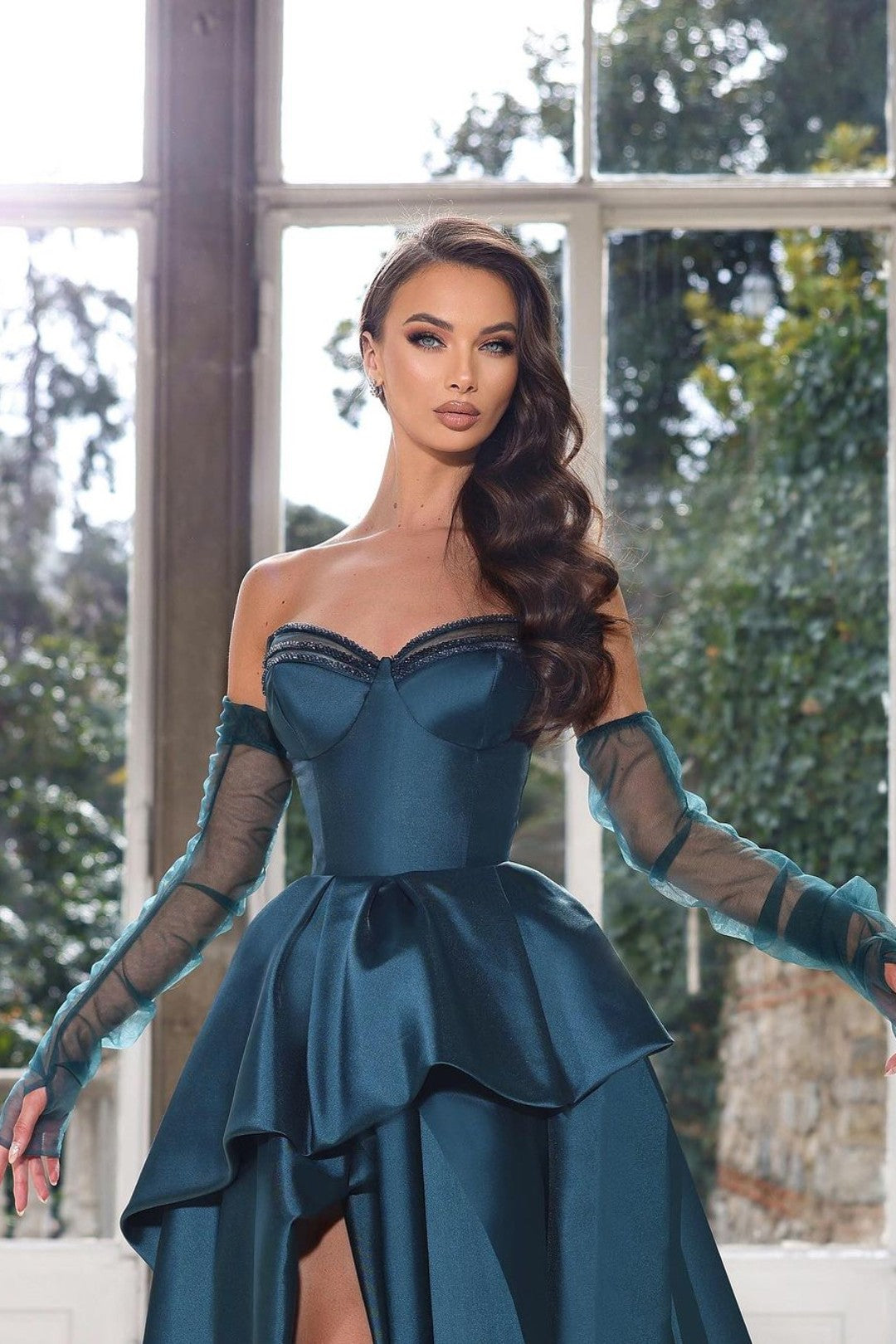 Glamorous Half Sleeves Ink Blue Formal Dress Strapless With High Split Gown