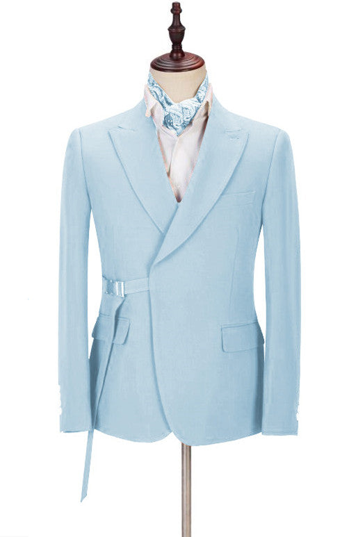 Shining Sky Blue Best Peaked Lapel Wedding Suits for Men with Adjustable Buckle