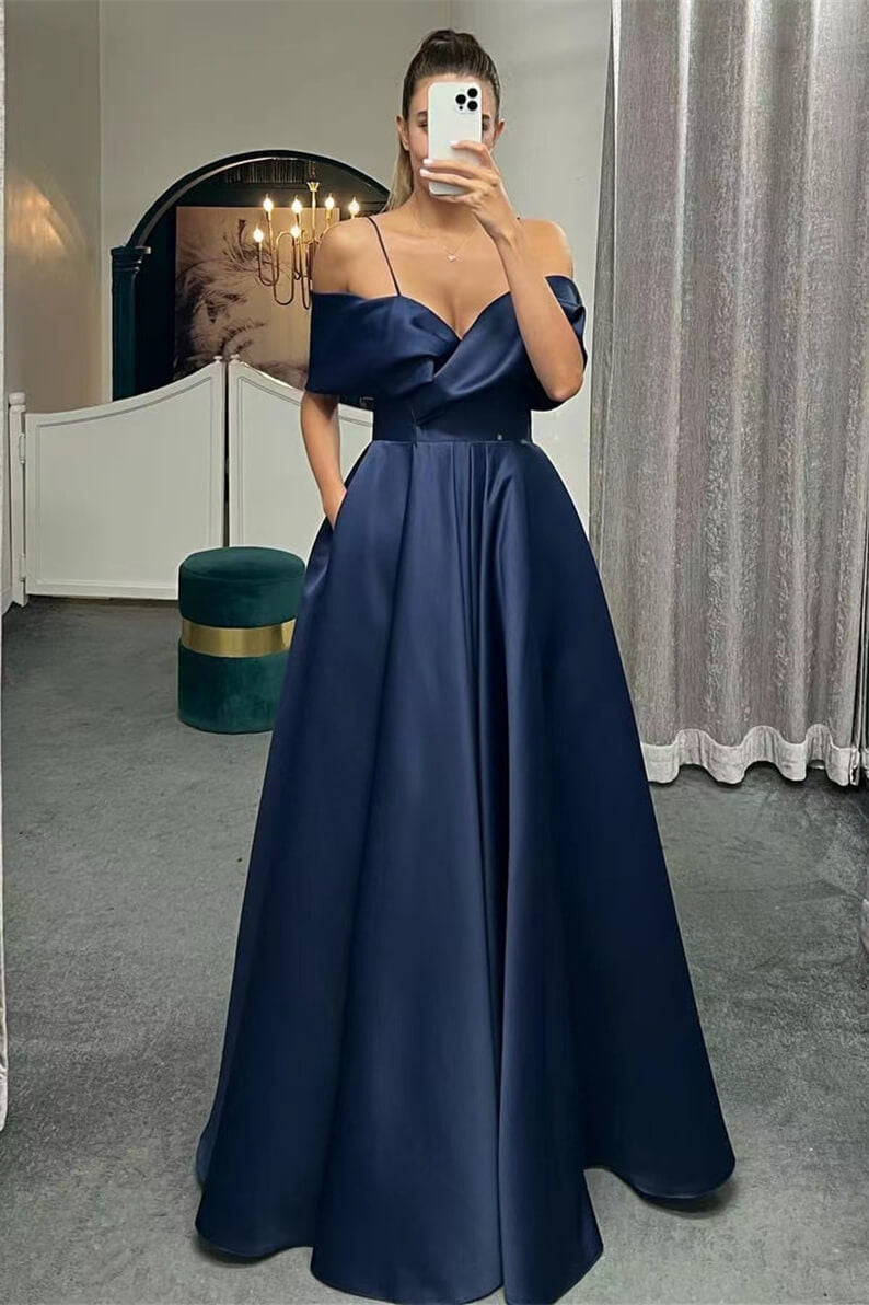 Off-The-Shoulder Spaghetti-Straps A-Line Lace-Up Back Long Evening Dress
