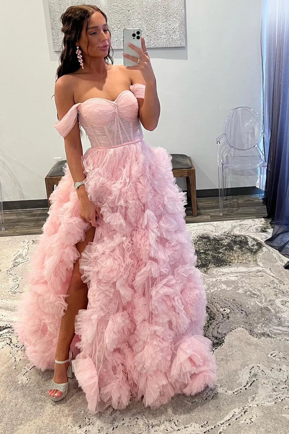 Blue Off-the-Shoulder Corset Prom Dress with Ruffles in A-Line Style
