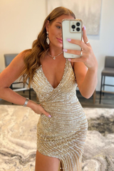 Long Beaded Prom Dress in Sparkly Golden with Backless Design and Slit