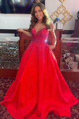 Long Red Prom Dress with Spaghetti Straps and Beading in A-Line Style